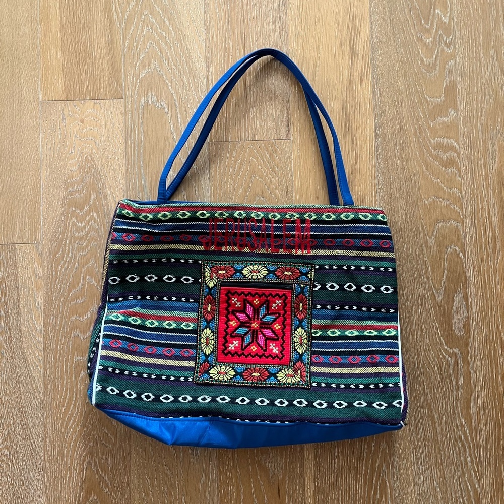 Source Unknown Black and Blue Patterned Tote Jerusalem embroidered